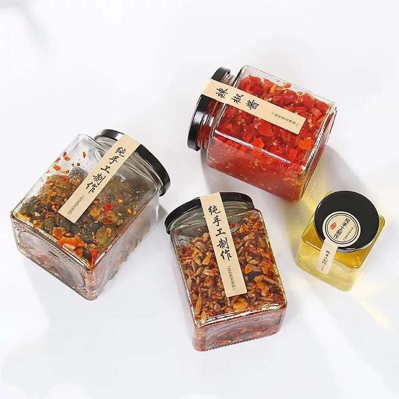 100ml 150ml 200ml 280ml 380ml Square Glass Bottle Sealed Cans Honey Packaging Pickles Bottles Canned Jar with Metal Screw Lid