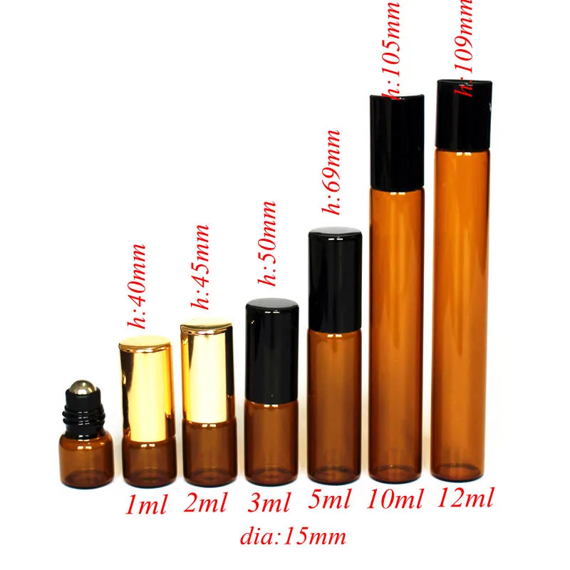 1ml 2ml 3ml 5ml 10ml 12ml Amber Glass Roll on Bottle Thin Glass with Metal Roller Ball