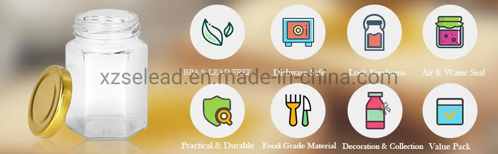 280ml 380ml Hexagon Pickles Jar Honey Jam Food Storage Jar with Silver Color Cap