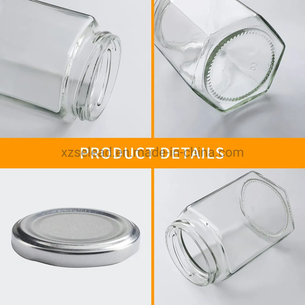 280ml 380ml Hexagon Pickles Jar Honey Jam Food Storage Jar with Silver Color Cap
