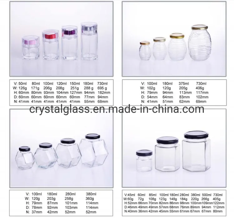 30ml 50ml 4oz 8oz 16oz 32oz 1000ml Cylinder Transparent Storage Honey Glass Jar with Screw Plastic Cap Metal Lid