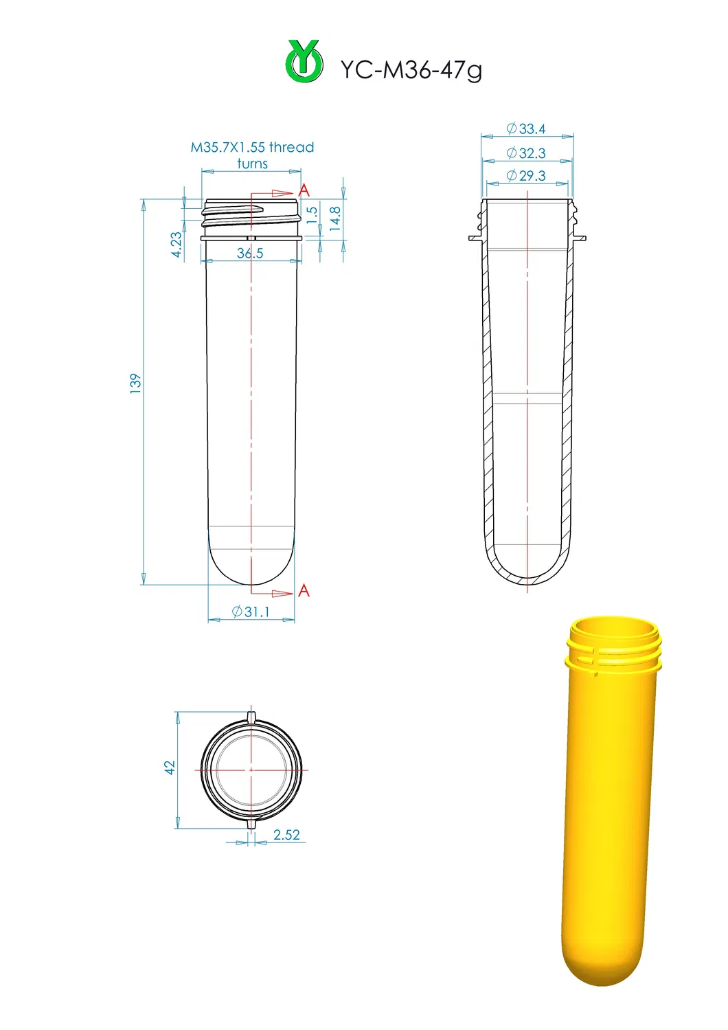 36mm 47g Pet Bottle Preform for Water Bottles Cosmetic Bottles Perfume Bottle and Detergent Bottle China Wholesale