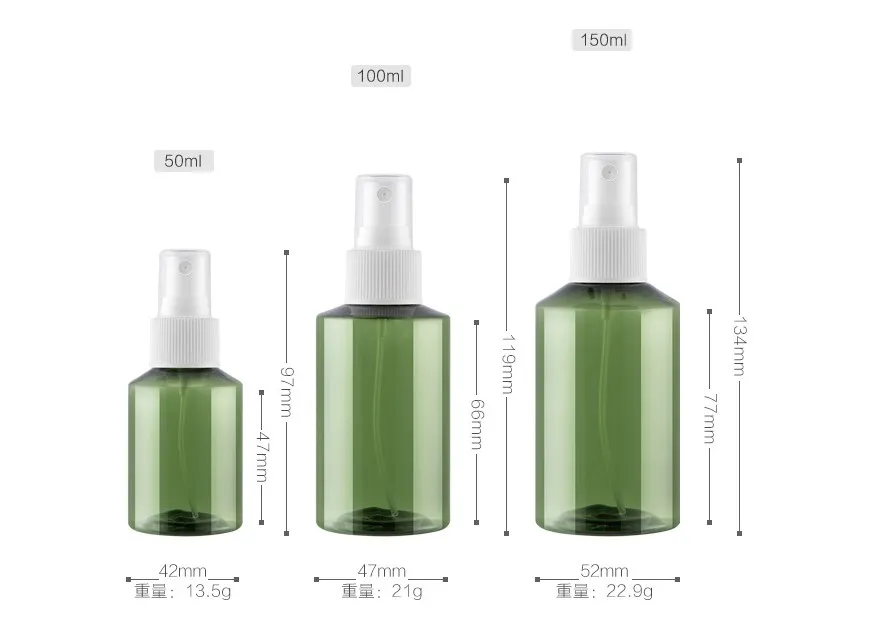 50/100/150/200/500ml Oblique Shoulder Spray Cosmetic Packaging Bottle Dark Green Fine Mist Packaging Pet Bottle