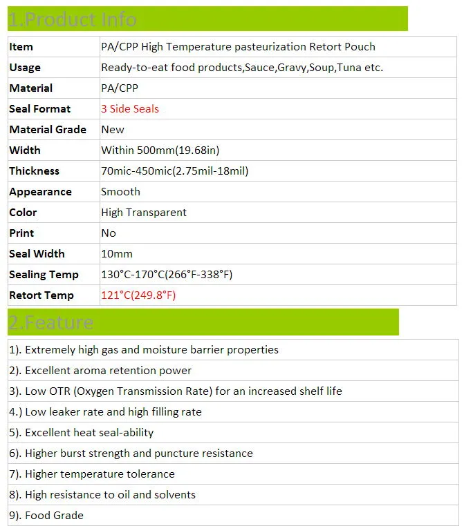 Clear High Temperature Plastic Retorting Pouch