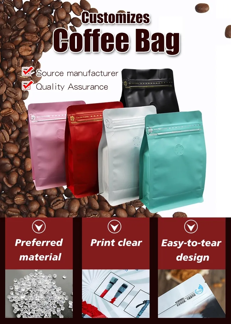 Custom Printed Foil Roasted Coffee Beans Packing for Food Plastic Packaging Bag for Coffee One Way Valve Ziplock Coffee Bag