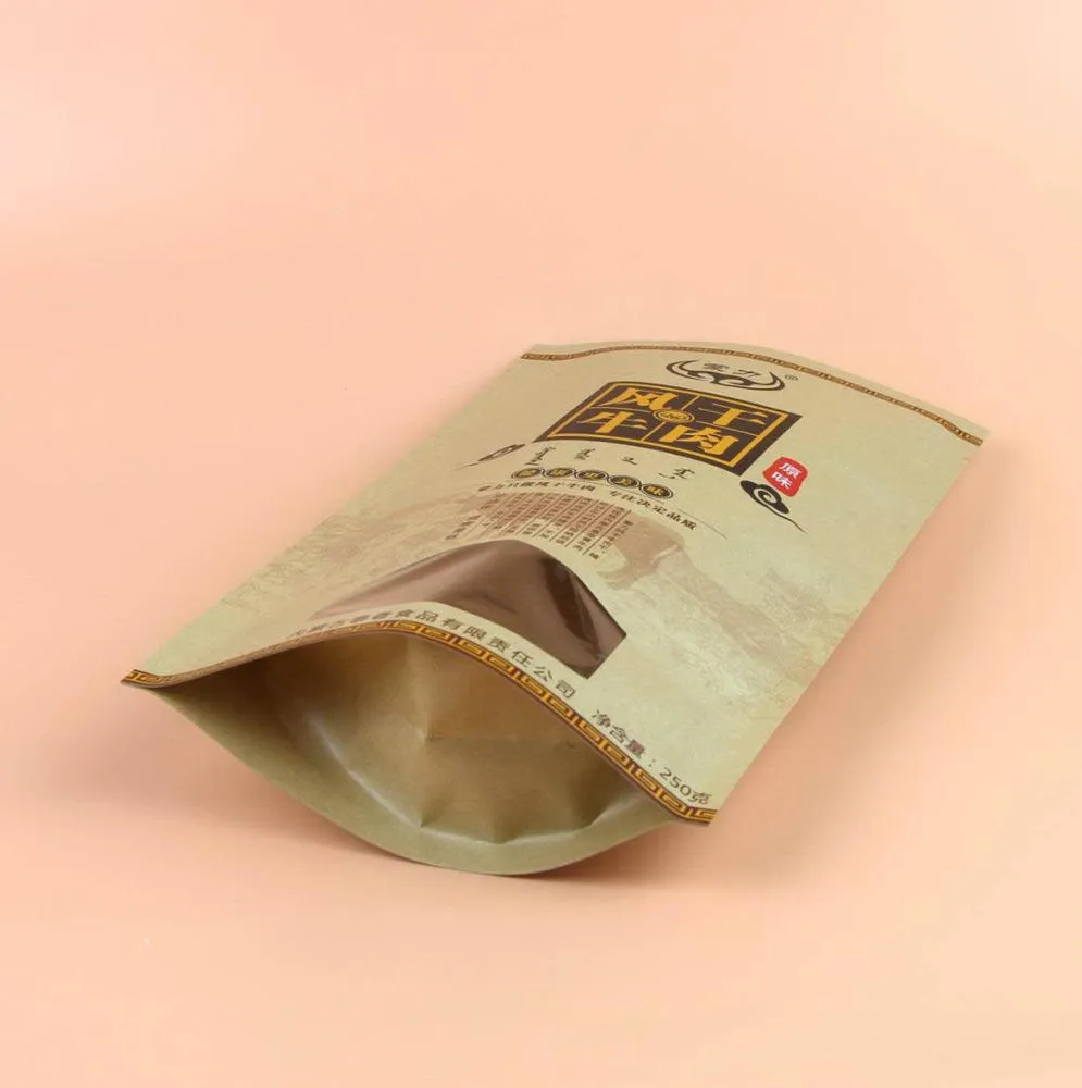 Custom Stand up Kraft Paper Bag Packing for Beef Jerky with Window