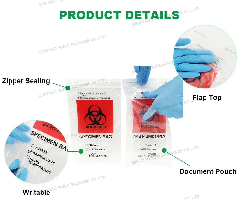 Hospital Clinic Biohazard Recloseable Ziplock Plastic LDPE Disposable Medical Laboratory Specimen Collection Bags with Pocket