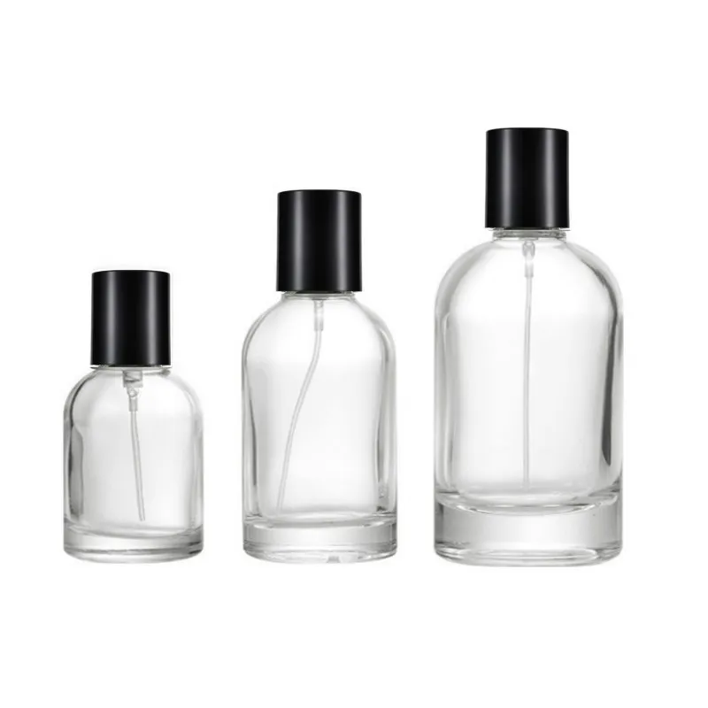 in Stocked Round 30ml 50ml 100ml Empty Glass Perfume Bottle with Plastic Metal Wood Caps