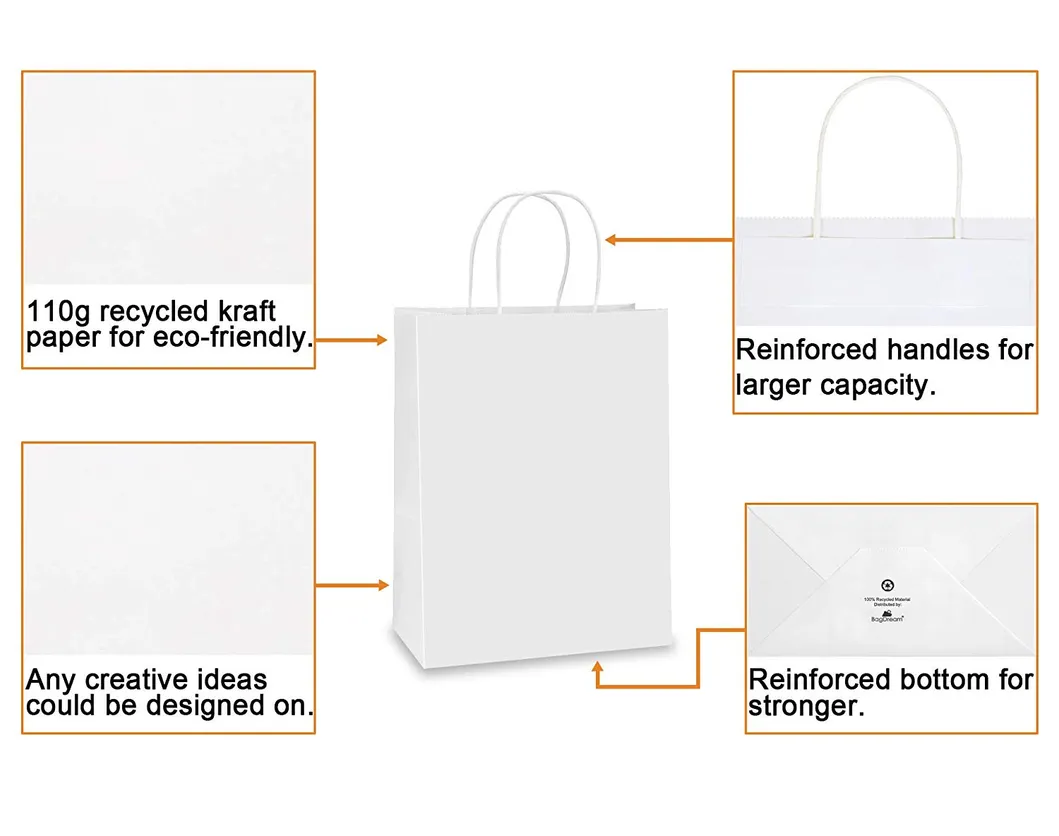 Kraft Small White Gift Craft Paper Shopping Bag with Handles Bulk