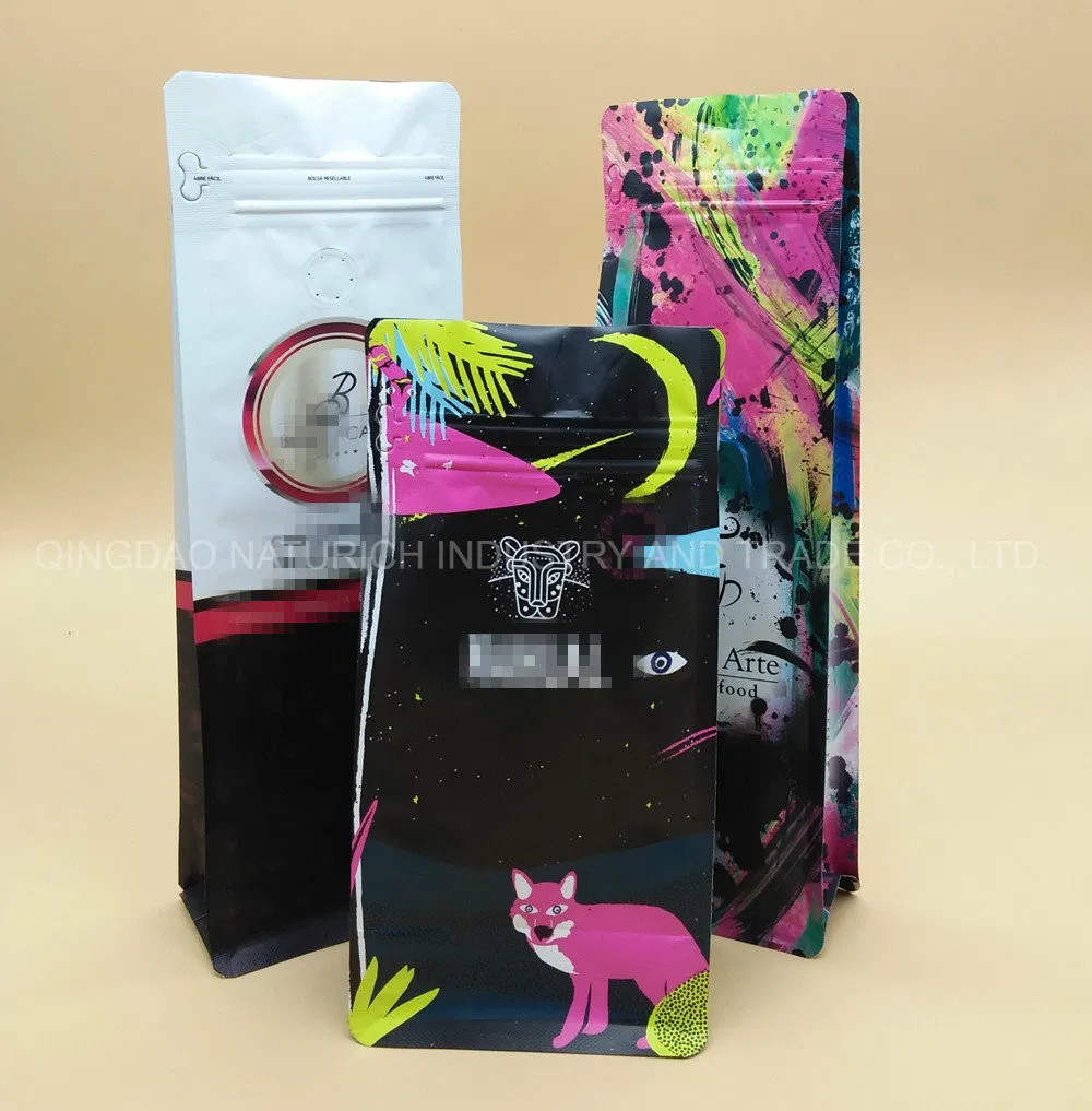 Matte Black Resealable Stand up Flat Bottom Foil Coffee Bag with Valve 350g 400g Coffee Bag