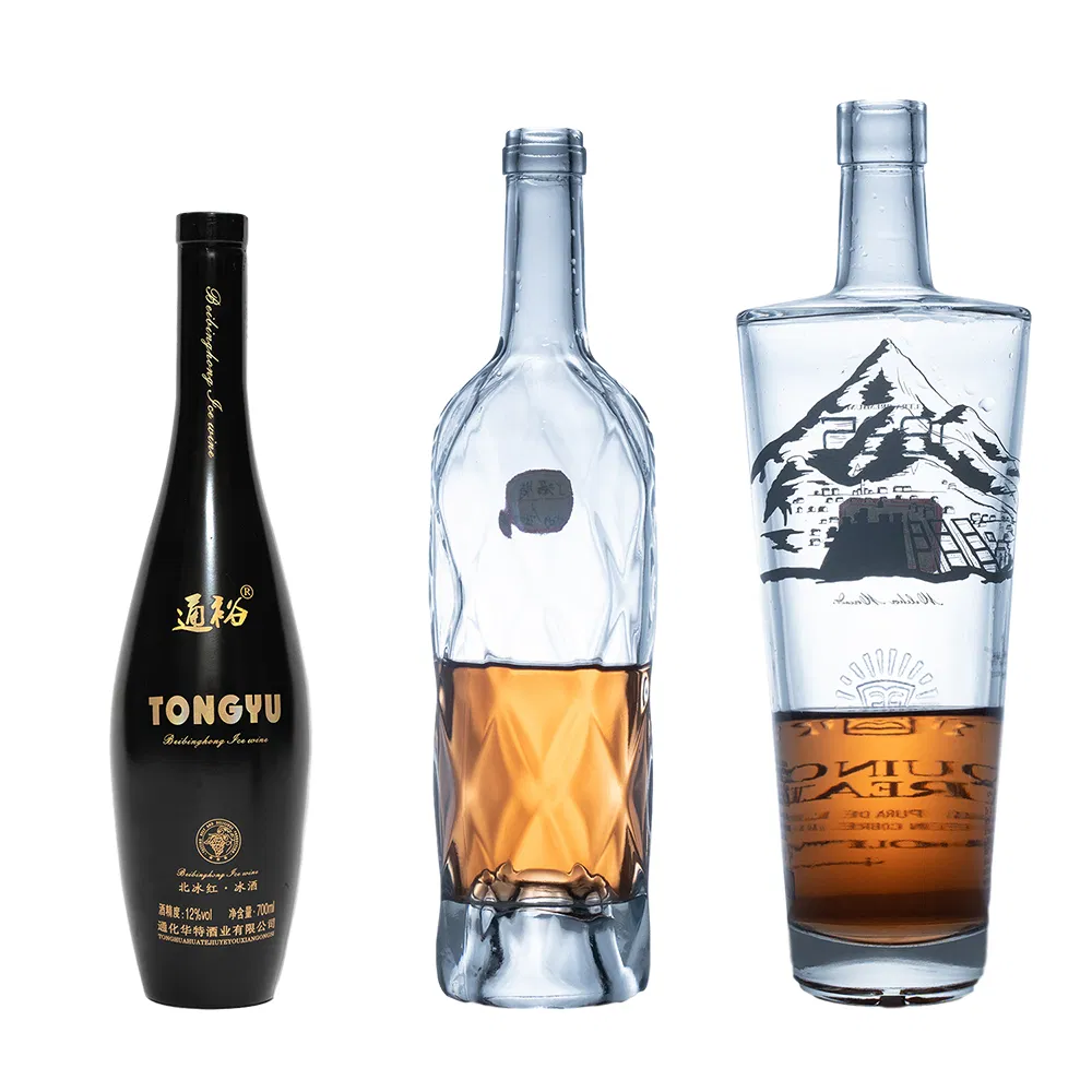 Premium Delicate Durable 250ml 500ml 750ml Glass Bottle Round Shape Liquor Bottle with Decal Surface