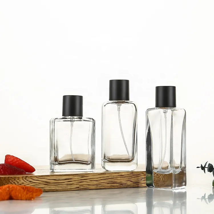 Transparent Perfume Glass Bottle 50ml with Sprayer Rectangular Bottle