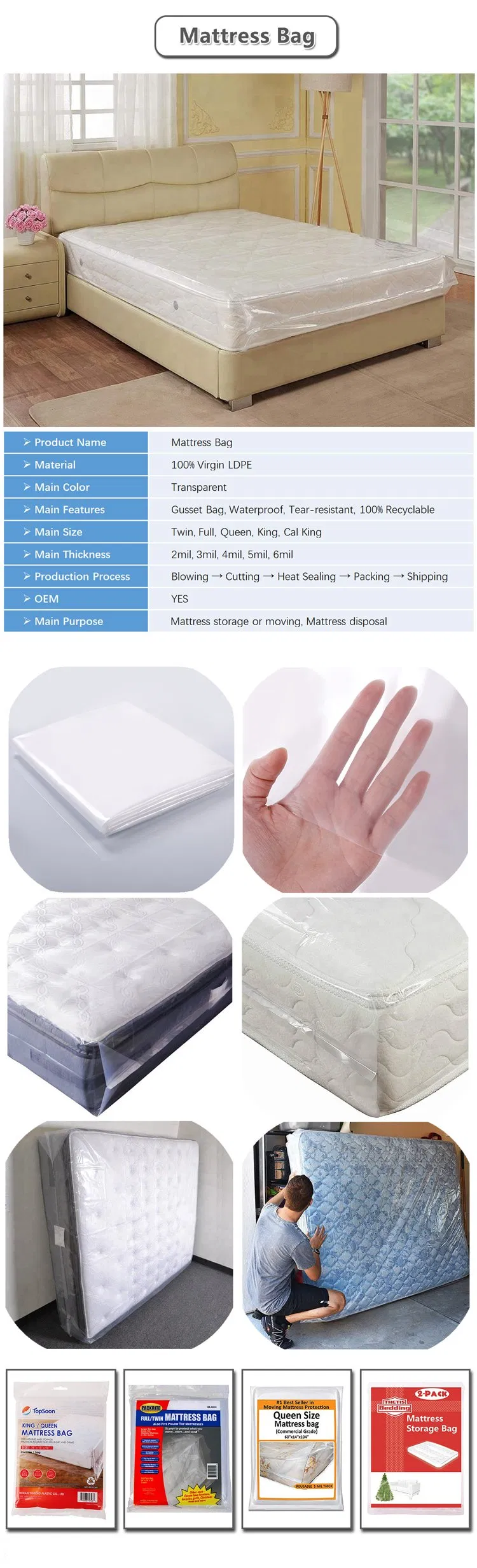 Waterproof Anti Bug Polythene Plastic Mattress Disposable Cover Protector Bag for Moving or Storage