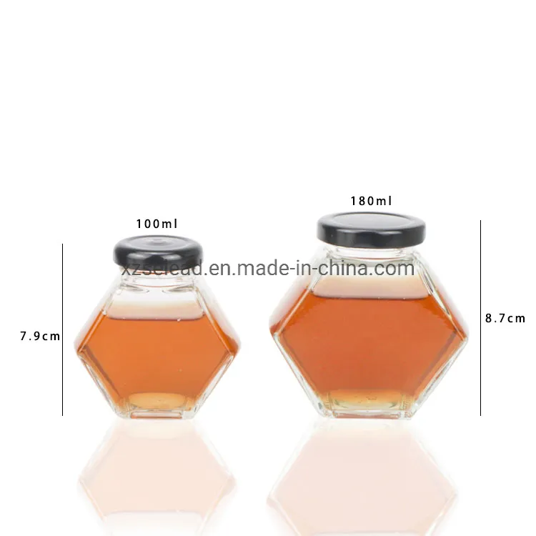 Wholesale Customized 100ml 220ml 380ml Empty Clear Hexagon Glass Jars for Honey with Wooden Lid and Dipper