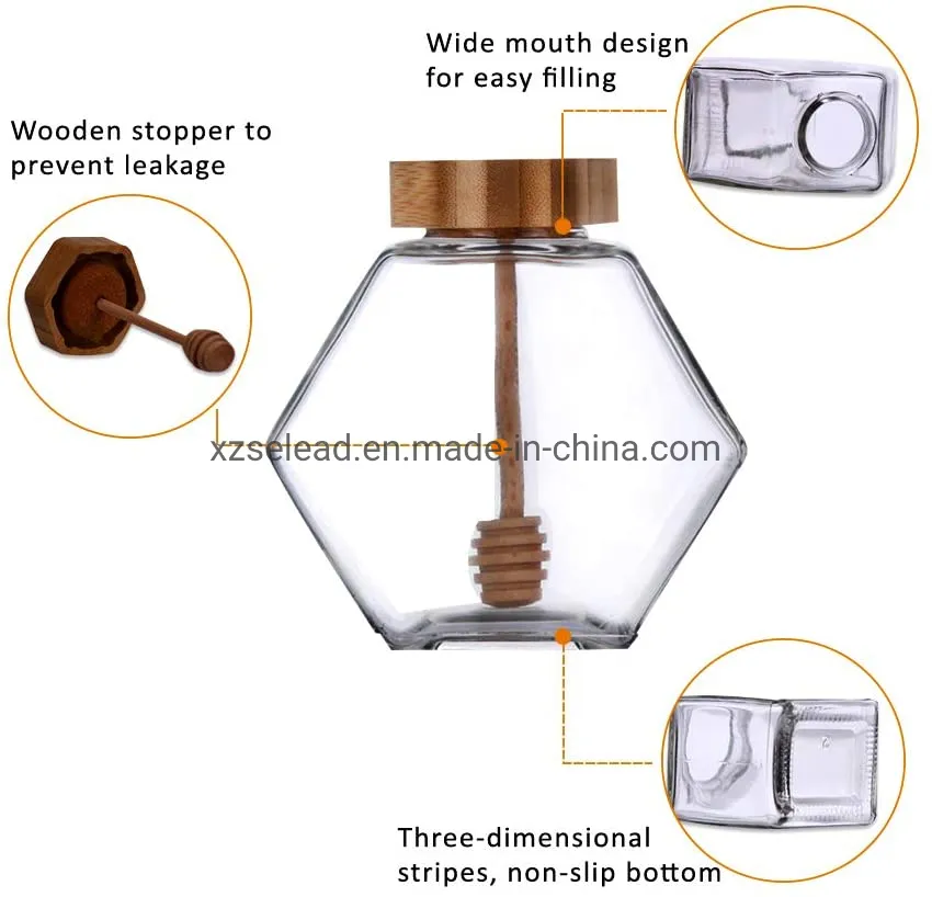 Wholesale Customized 100ml 220ml 380ml Empty Clear Hexagon Glass Jars for Honey with Wooden Lid and Dipper