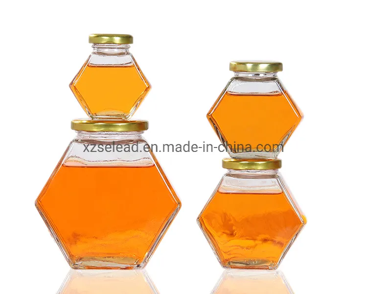 Wholesale Customized 100ml 220ml 380ml Empty Clear Hexagon Glass Jars for Honey with Wooden Lid and Dipper