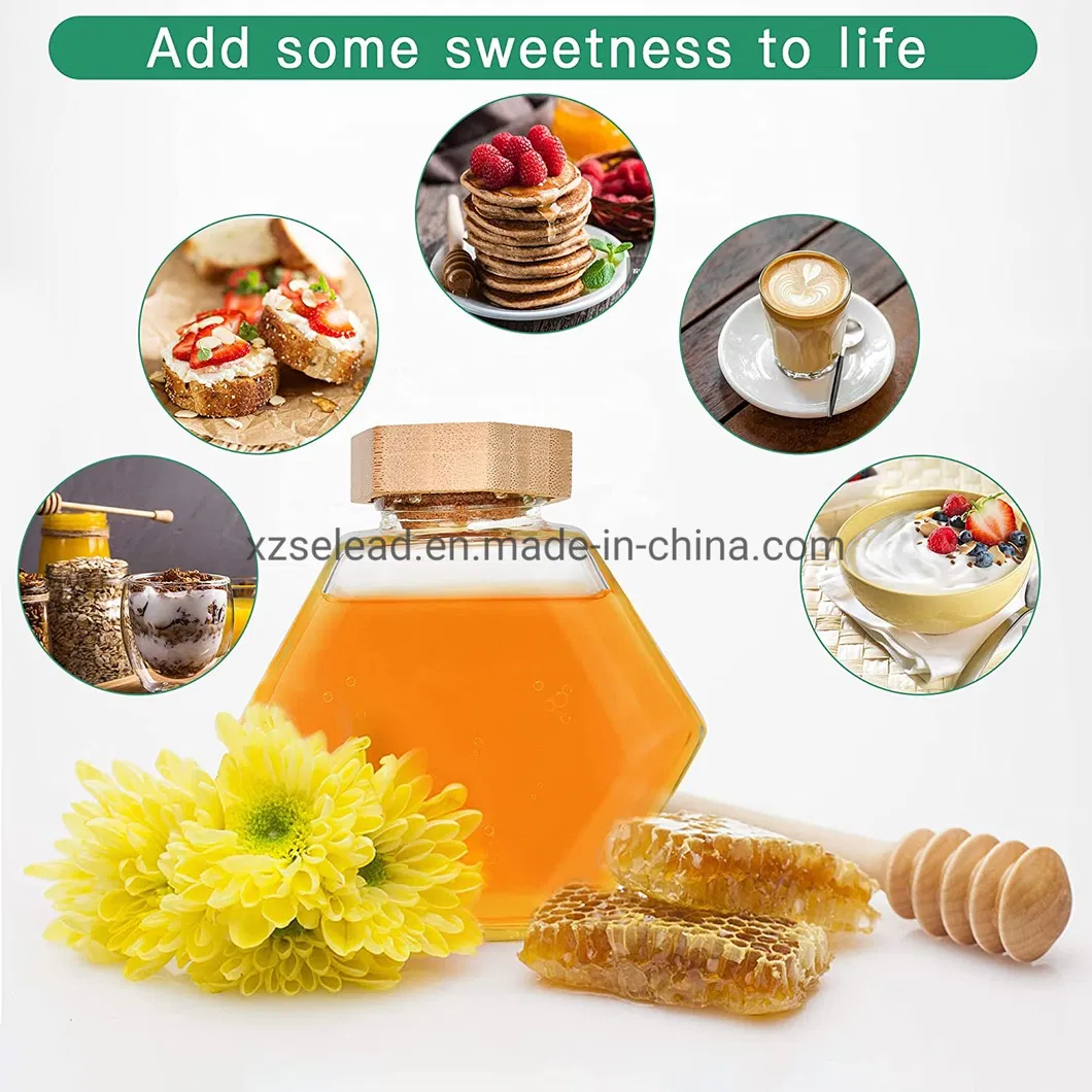 Wholesale Customized 100ml 220ml 380ml Empty Clear Hexagon Glass Jars for Honey with Wooden Lid and Dipper