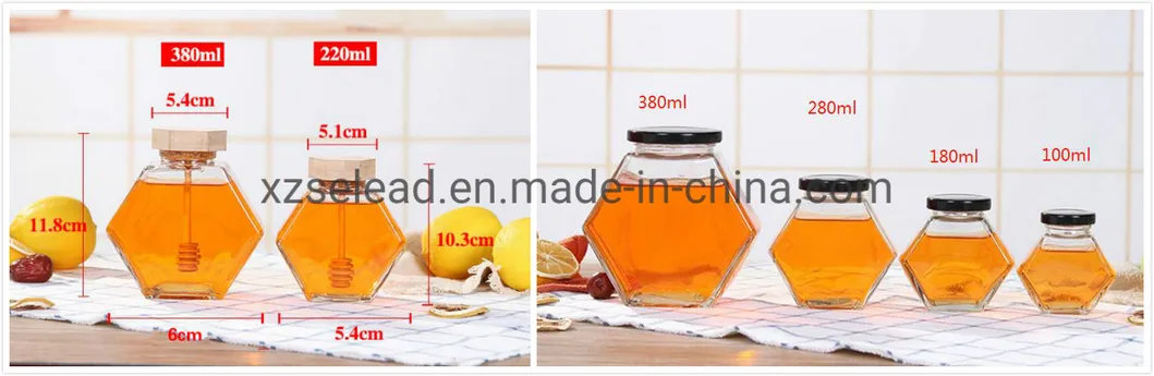 Wholesale Customized 100ml 220ml 380ml Empty Clear Hexagon Glass Jars for Honey with Wooden Lid and Dipper